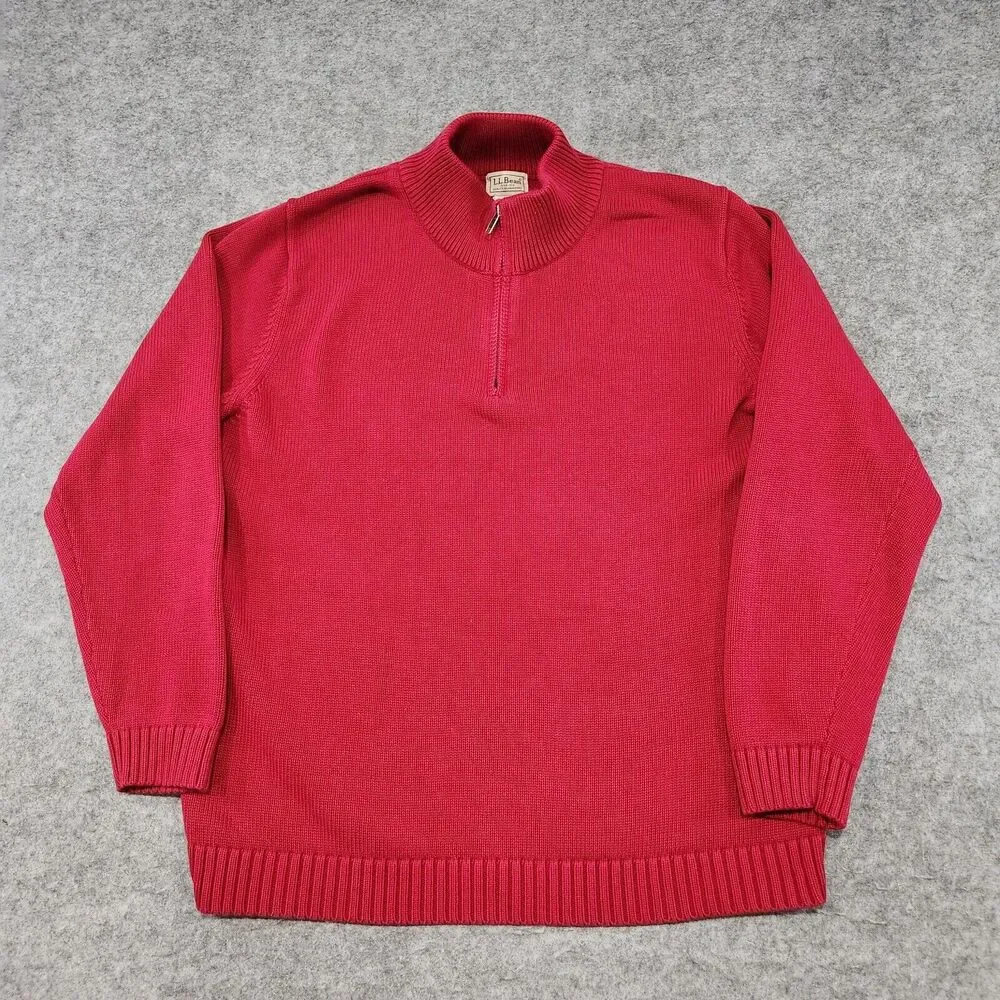 LL Bean Mens L Large 100% Cotton‎ Knit Red Pullover 1/4 Zip Heavyweight Sweater